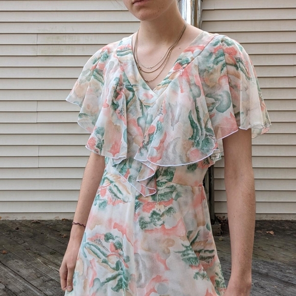 Vintage 70's Formal Landscape Print Maxi Dress - Picture 6 of 6